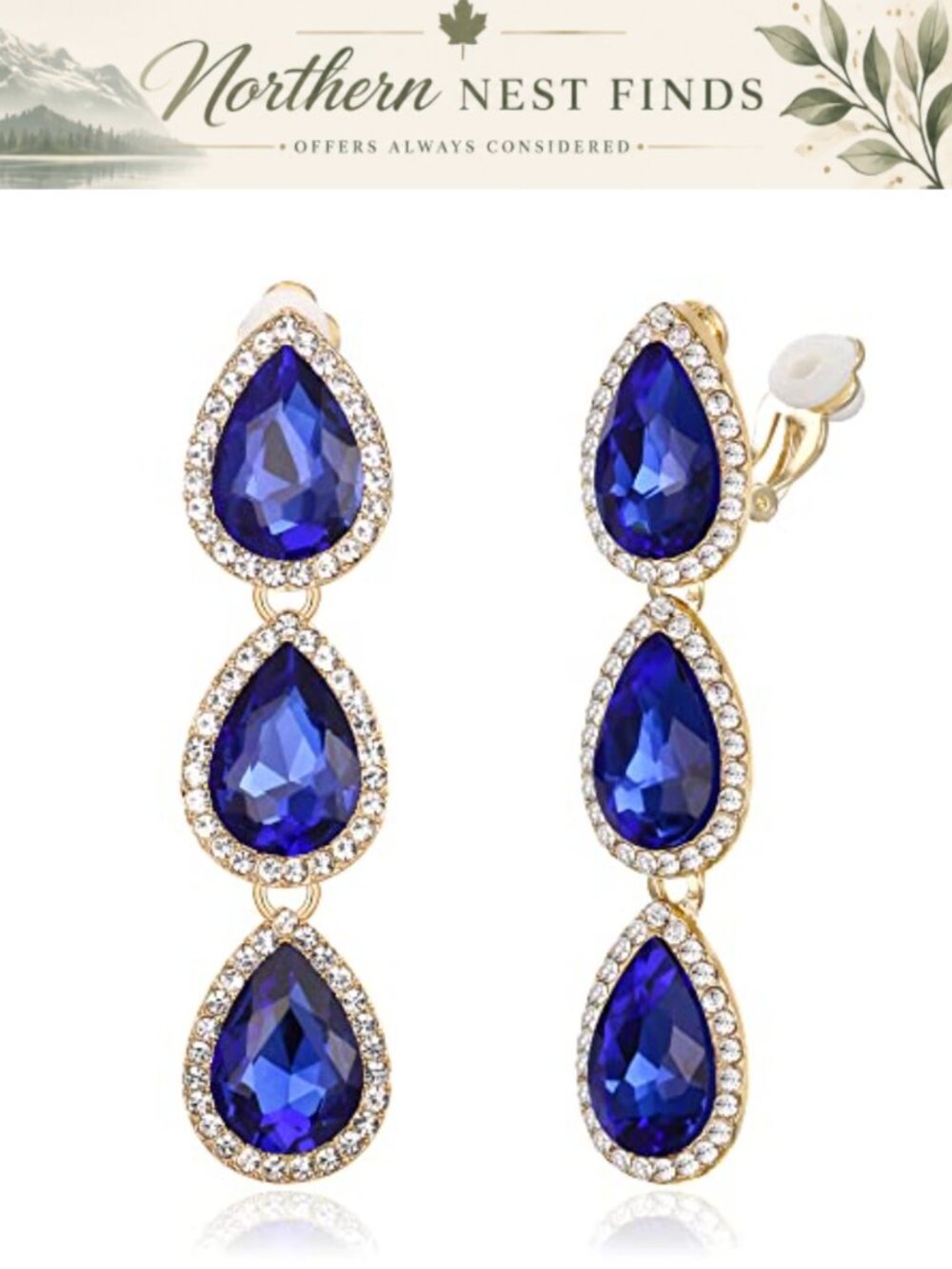 Crystal Teardrop Pear Clip-On Dangle Earrings 2.4 In Rhinestone Statement
